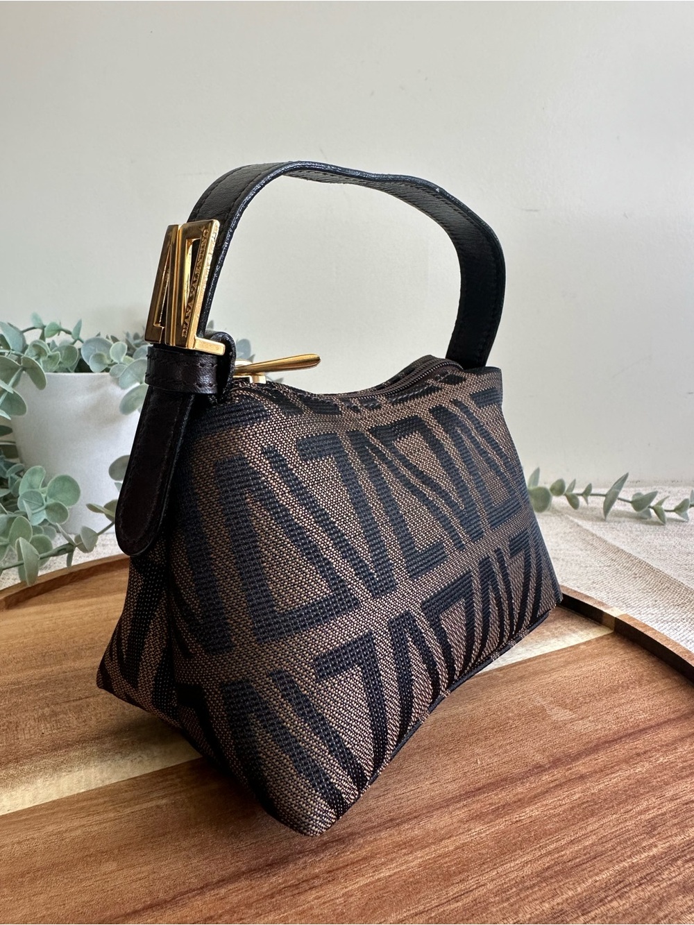 Diana Valentino Brown & Black Monogram Mini hand Bag with Gold Buckle